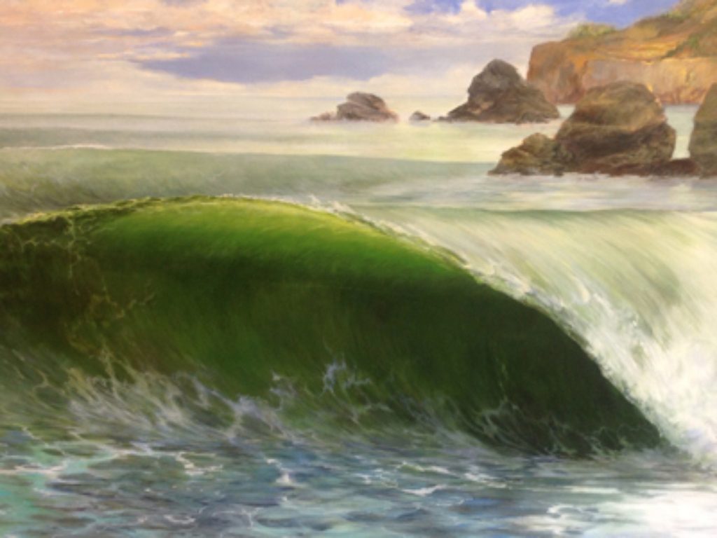 Boston Barrel by Kathryn Colvig surf art commissioned oil painting of green wave
